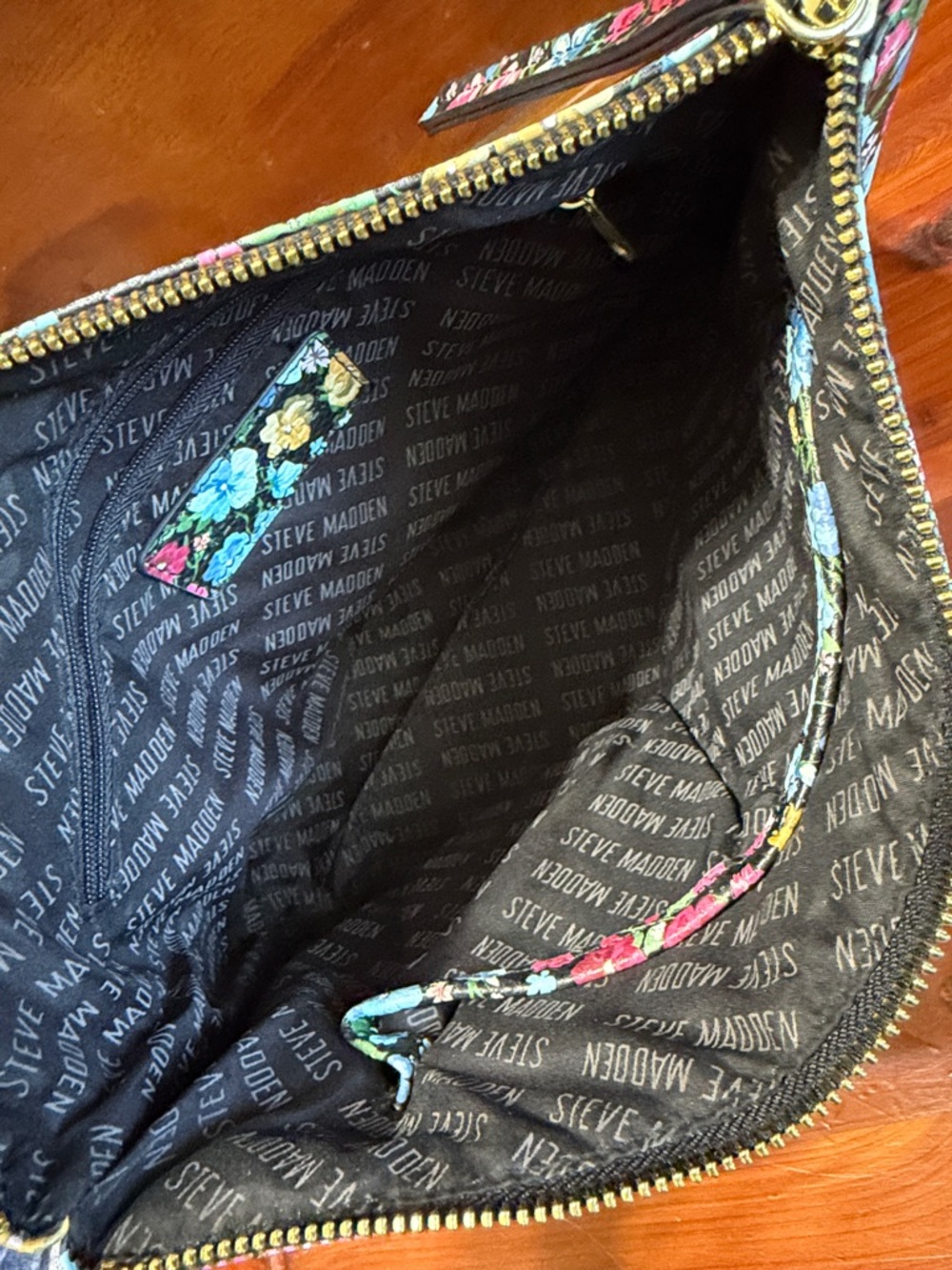 Steve Madden Black Pebbled Faux Leather Tote with Matching Floral Print Pouch - Picture 10 of 13